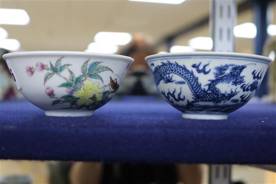 A Chinese blue and white dragon bowl and a Chinese famille rose crickets and flowers bowl, 9.2cm and 9.7cm